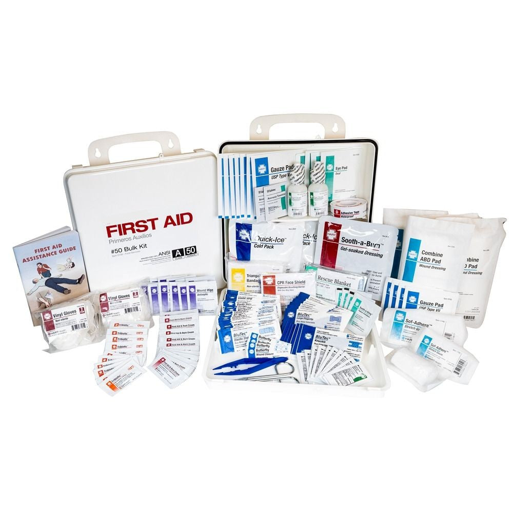 Bulk First Aid Kit, 50-Person, ANSI Class A, for Food Services with Blue Bandages, Polypropylene Box