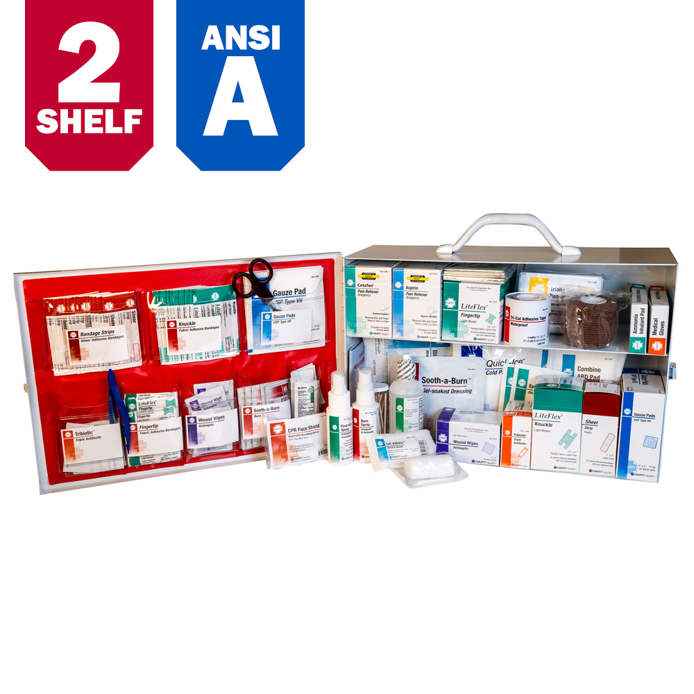 2-Shelf First Aid Station, ANSI Class A, Metal Cabinet with door pouch