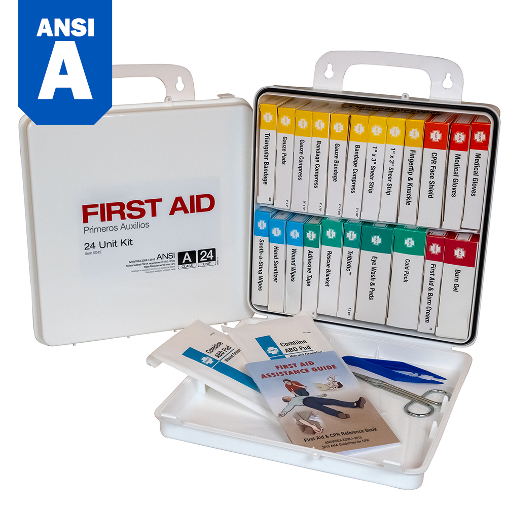 24 Unit First Aid Kit, ANSI Class A, Polypropylene Box