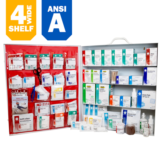 4-Shelf First Aid Station, ANSI Class A, Extra Wide Metal Cabinet, with door pouch